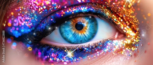 a close up of a person's blue eye with multicolored sparkles on it's iris.