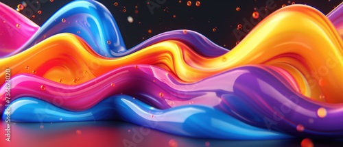 a multicolored wave of liquid on a black background with a splash of water on the bottom of the wave.