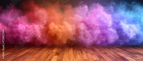 a room with a wooden floor and a lot of colorful smoke coming out of the wall in the center of the room. photo