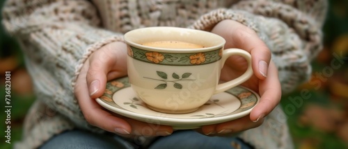 a close up of a person holding a cup and saucer with a saucer and saucer on it. photo