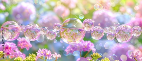 a bunch of bubbles floating in the air over a field of pink and purple flowers with bubbles floating in the air. photo