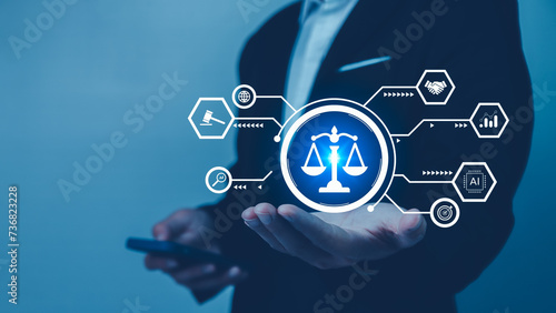 Ai ethic tech concept compliance and regulation involves enforcement of laws, regulations, and standards, internal policies and procedures. Legal and financial risks and protect corporate reputation photo