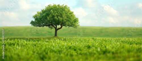 a lone tree in the middle of a field of green grass with a blue sky and clouds in the background.