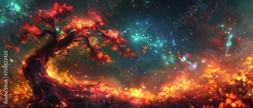 a painting of a tree in the middle of a multicolored field of fire and stars in the sky. photo