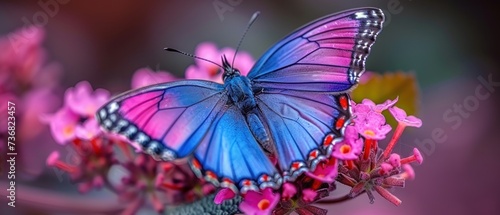 a close up of a blue butterfly on a pink flower with pink flowers in the foreground and a blurry background. © Jevjenijs
