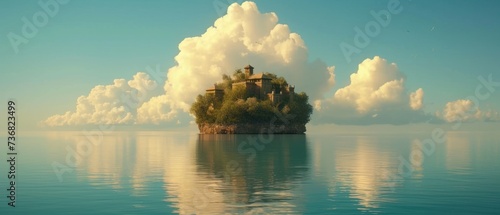 a small island in the middle of a body of water with a building on top of it in the middle of the ocean. © Jevjenijs