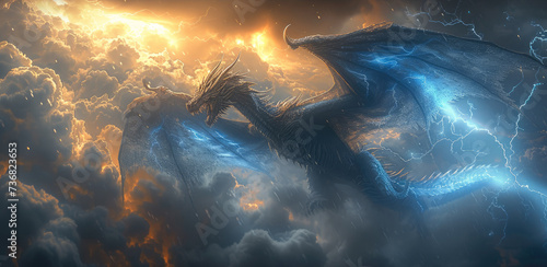 Blue winged western style dragon in flight, surrounded by a clouds in a lightning storm. Generative AI.