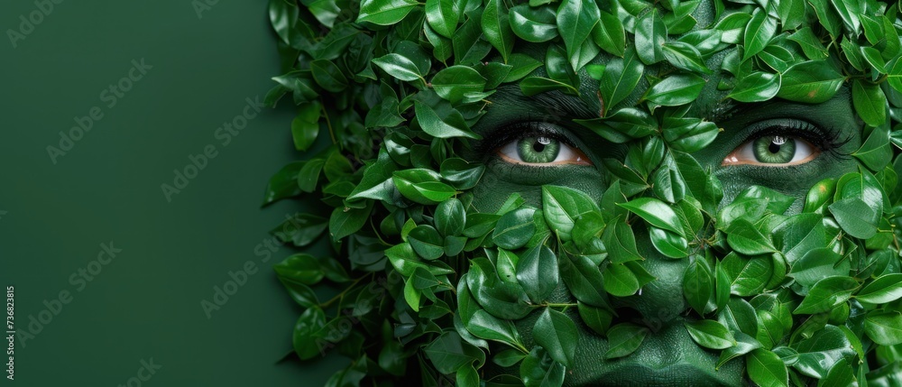 a woman's face is covered in green leaves and has her eyes wide open to the side of her face.