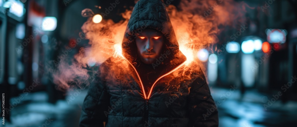 a man in a hooded jacket standing on a city street with a lot of smoke coming out of his face. - obrazy, fototapety, plakaty 