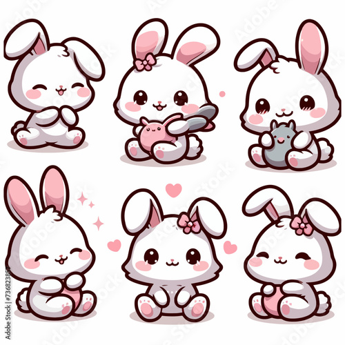 Set of cute little bunny. Borders with kawaii white bunnies. Collection of rabbits with different emotion - funny, happy, surprised photo