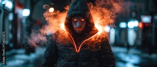 a man in a hooded jacket standing on a city street with a lot of smoke coming out of his face. photo