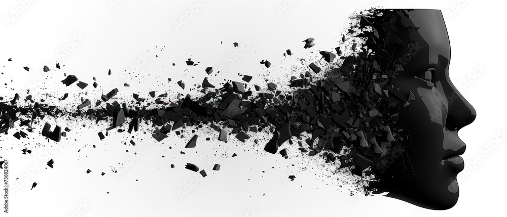 a black and white photo of a woman's face with a lot of shattered pieces in front of her.