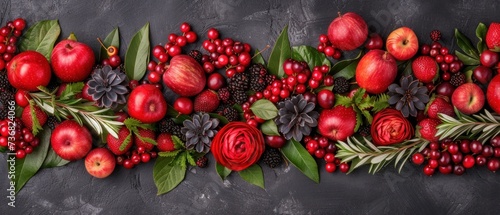 a close up of a bunch of fruit with leaves and flowers on a black background with red berries and green leaves.