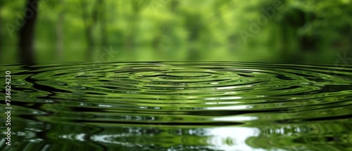 a close up of a green water surface with trees in the background and water ripples in the foreground. photo