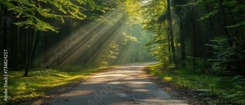 a dirt road in the middle of a forest with bright beams of light coming from the trees on either side of the road.