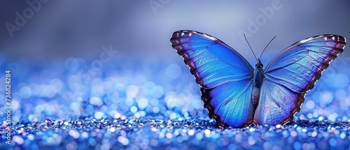 a blue butterfly sitting on top of a blue glitter covered ground with it's wings wide open and it's eyes wide open. photo