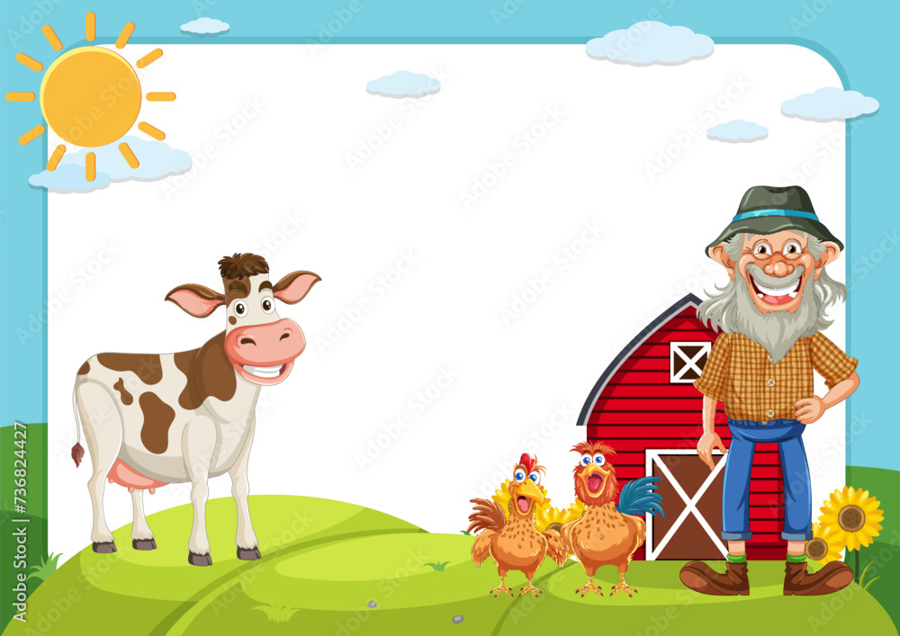 Cartoon farmer, cow, chickens near a red barn. Cartoon farmer, cow, chickens near a red barn.