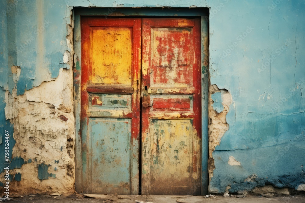 A Vibrant and Grungy Wooden Door, Adorned with Layers of Peeling Paint and Eclectic Colors, Generative AI