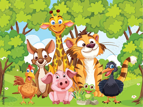 Colorful animals smiling together in a forest setting