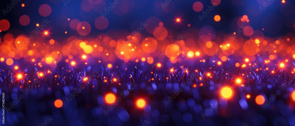 a blurry image of a field of grass with bright lights on the grass and grass in the foreground.