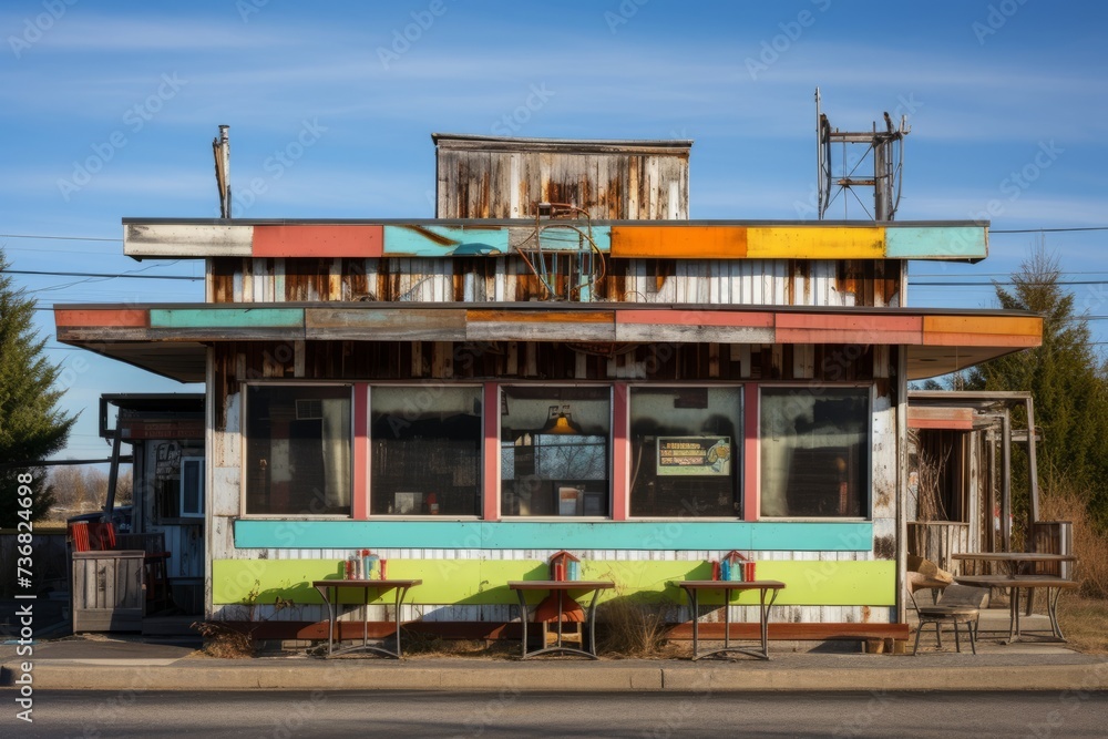 A Time-Worn Roadside Diner with a Colorful and Grungy Wooden Facade, Hinting at Decades of Stories, Generative AI