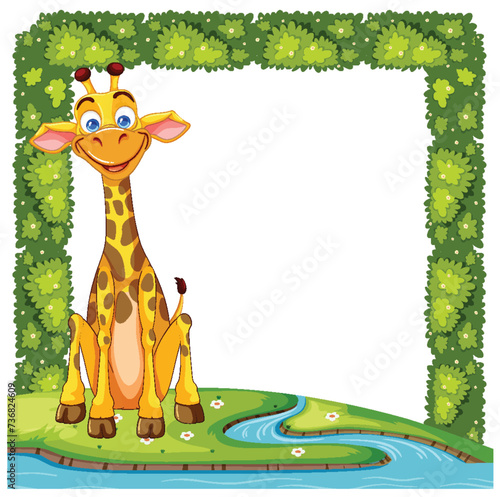 Vector illustration of a happy giraffe with nature frame