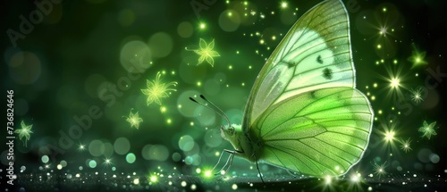 a close up of a green butterfly on a black surface with stars in the background and a blurry background.