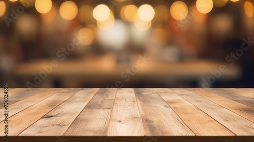 The empty wooden table top with blur background of cafe. Exuberant image. generative ai