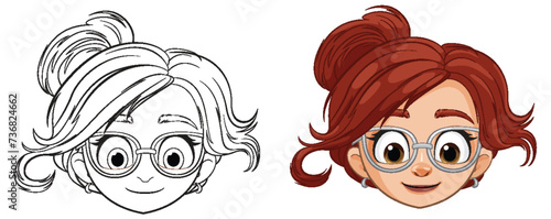 Two stages of a female character illustration