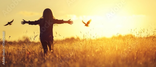 a little girl standing in a field with a bird flying in front of her and the sun in the background. © Jevjenijs