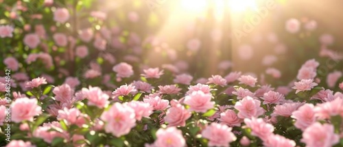 a field full of pink flowers with the sun shining through the leaves on the top of the flowers in the background. photo