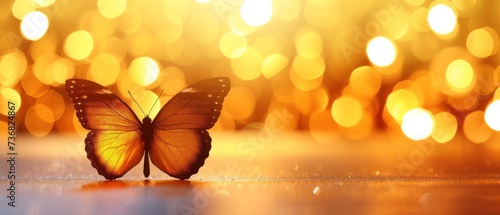 a close up of a butterfly on a table in front of a blurry background with lights in the background. photo