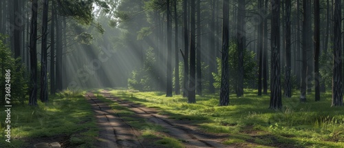 a dirt road in the middle of a forest with sunbeams shining through the trees on a foggy day.