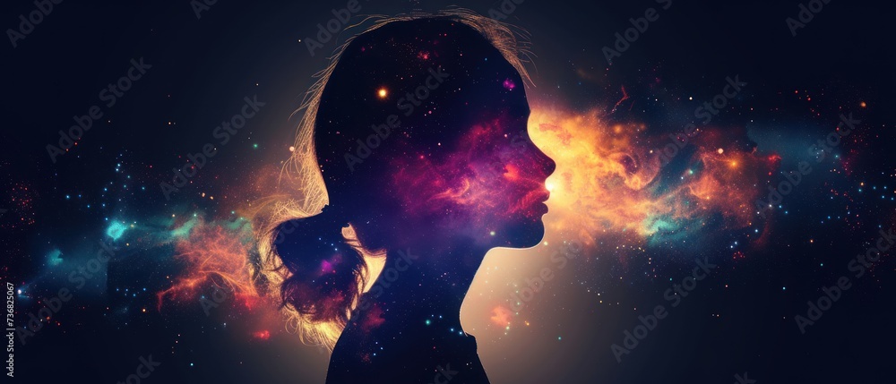 a silhouette of a woman's head in front of a space filled with stars and a cluster of stars.
