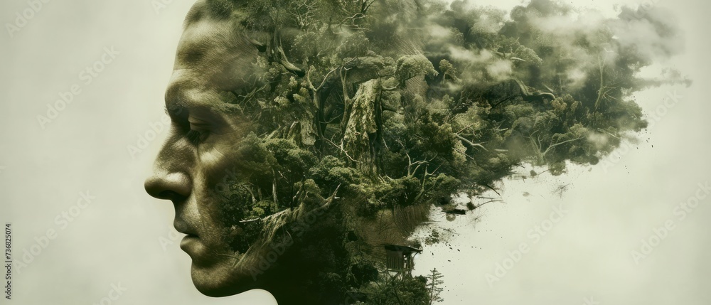 a double exposure of a person's head with a tree growing out of it's head and smoke billowing from the top of the head.