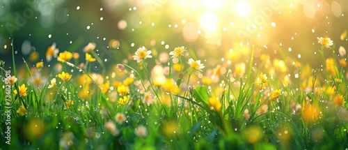 a field of grass with yellow and white flowers in the foreground and the sun shining through the trees in the background.