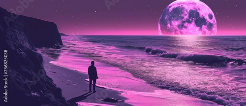 a man standing on top of a beach next to the ocean under a giant pink moon over a body of water. photo