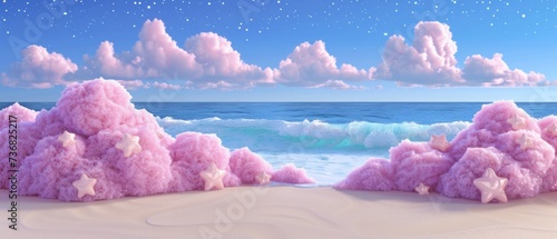 a painting of a beach scene with pink foamy trees and stars in the sky and the ocean in the background.