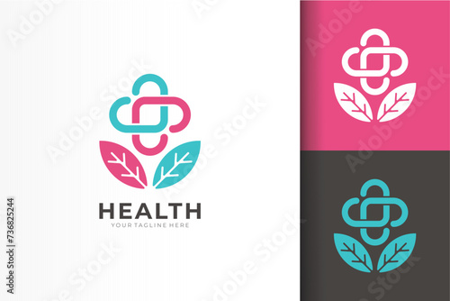ILLUSTRASI VECTOR OF GRAPHIC HEALTH LOGO WITH LEAF AND PLUS SYMBOL