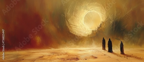 a painting of three pillars in the middle of a barren area with a yellow light coming from the center of the painting. photo