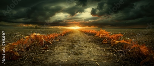 a dirt road surrounded by dry grass under a dark sky with a sun setting in the middle of the picture. photo