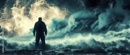 a man standing in the middle of a large body of water in front of a giant wave with a man standing in the middle of the water. photo