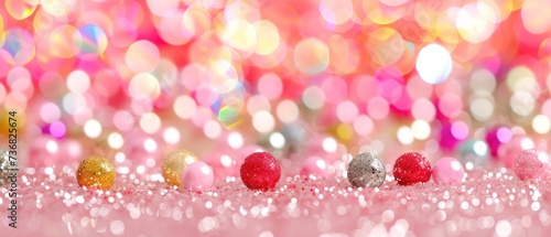 a group of balls sitting on top of a pile of glitter next to a pink and yellow boke of lights.