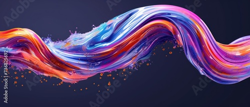 a multicolored wave of paint on a dark background with a splash of paint on the bottom of the wave. photo