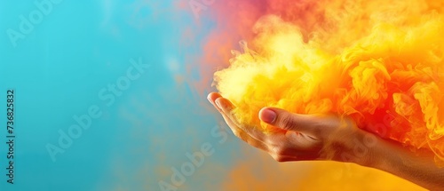 a person holding out their hand in front of a multicolored cloud of smoke on a blue and yellow background. photo