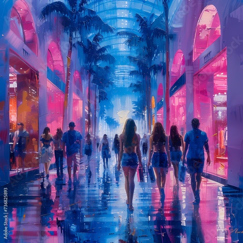 Vibrant Shopping Arcade with Shoppers and Palm Trees