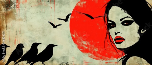 a painting of a woman with birds on her shoulder and a red sun in the background with birds on her shoulder. photo