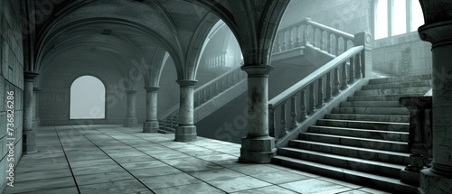 a set of stairs in an old building with arches and arches on either side of the stairs, leading up to the second floor. photo