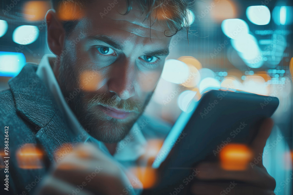 Businessman playing on a tablet screen. touching screen of a tablet computer. Generative AI. Businessman playing on a tablet screen. touching screen of a tablet computer. Generative AI.
