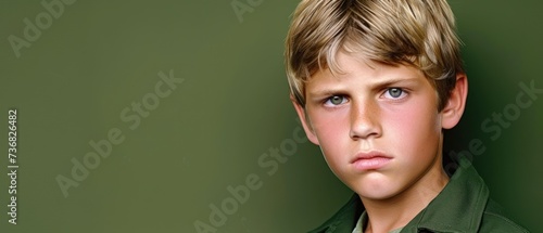 a close up of a young boy with a serious look on his face and a serious look on his face. photo